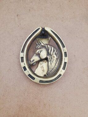 Vintage brass horse head door knocker with horse shoe, western cowboy decor -